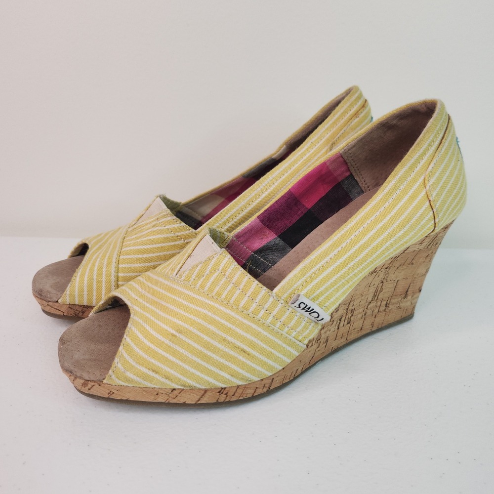 Yellow Striped Twee Peep Toe Wedge Heels 6 Cork Cottagecore Coastal Slip Ons
